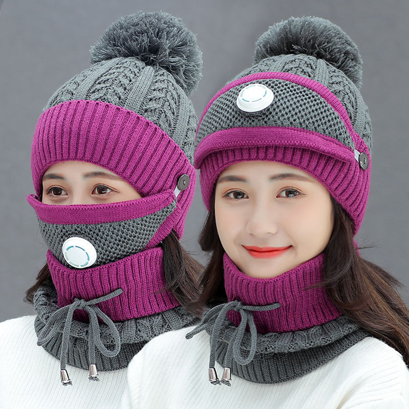 Fleece Lined Women Beanie Knit Hat, Winter Scarf Mask Set, Girls Warm Hat Earmuffs Cap with Pom.